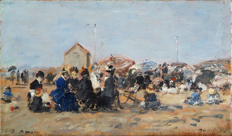 Eugène Boudin, Trouville, scène de plage à la cabine, 1884, huile sur bois, Musée des Beaux-Arts de Liège La Boverie.